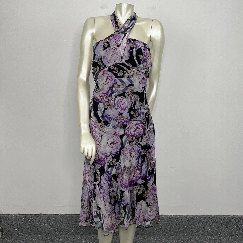 Diane Von Furstenberg Silk Dress Black/purple Floral Halter Open Back Sz 8 - Picture 2 of 11